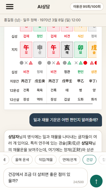 만만세 AI 사주 상담 화면 — 명식표와 일과 재물 질문에 대한 AI 답변 예시